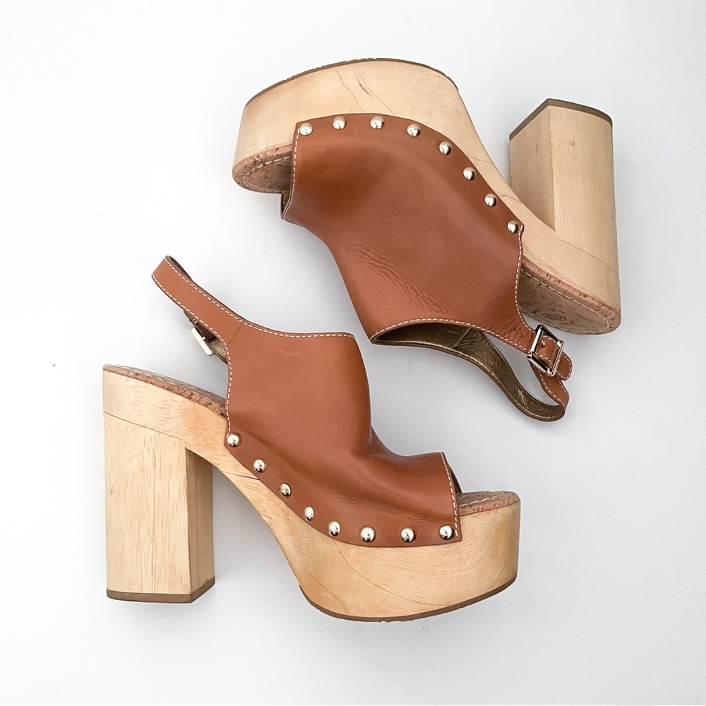Sam Edelman Marley Leather Wooden Open Toe Studded Platform Clogs - Picture 5 of 9